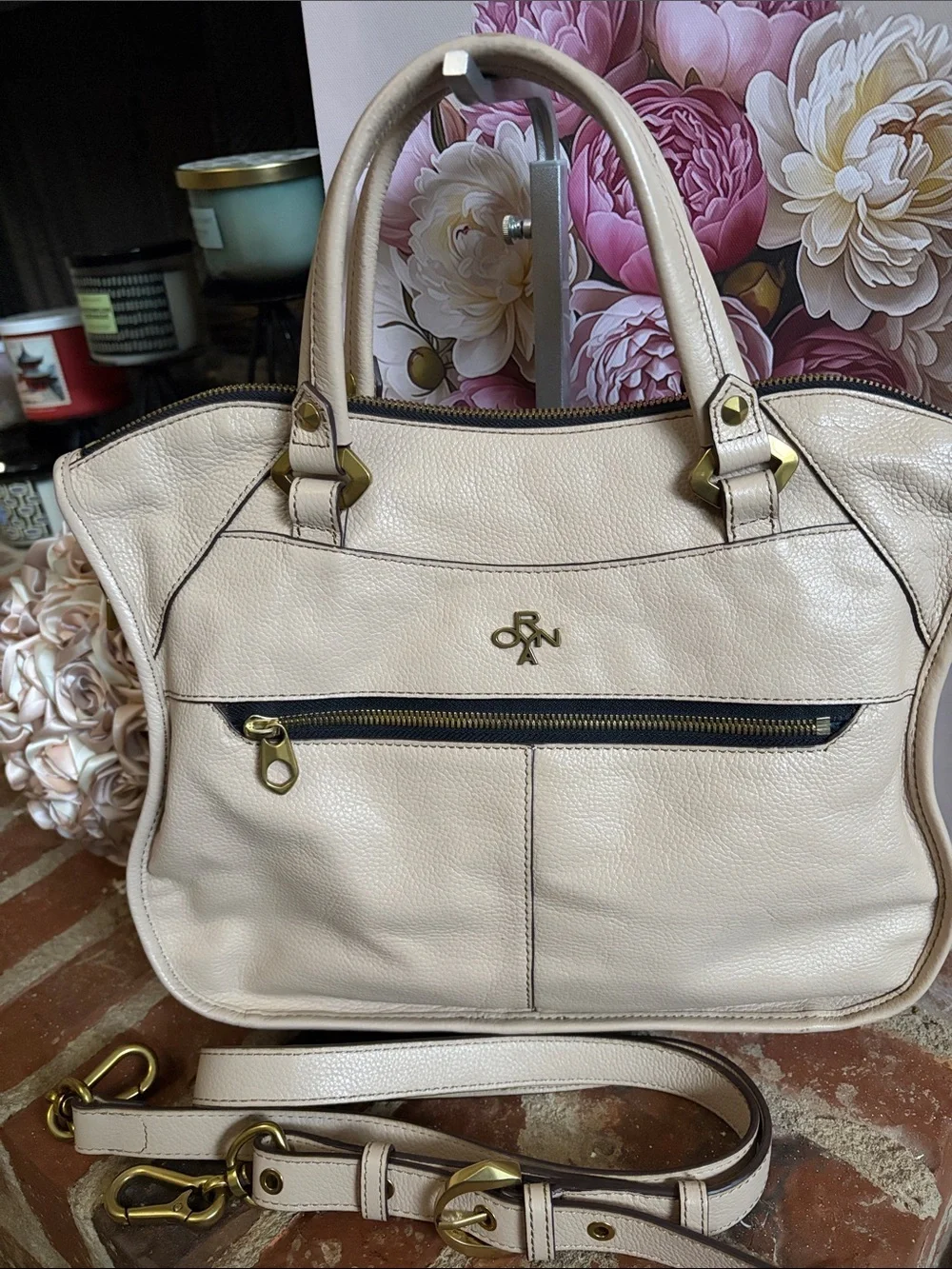 orYANY Cream Leather Shoulder Bag with Gold Hardware